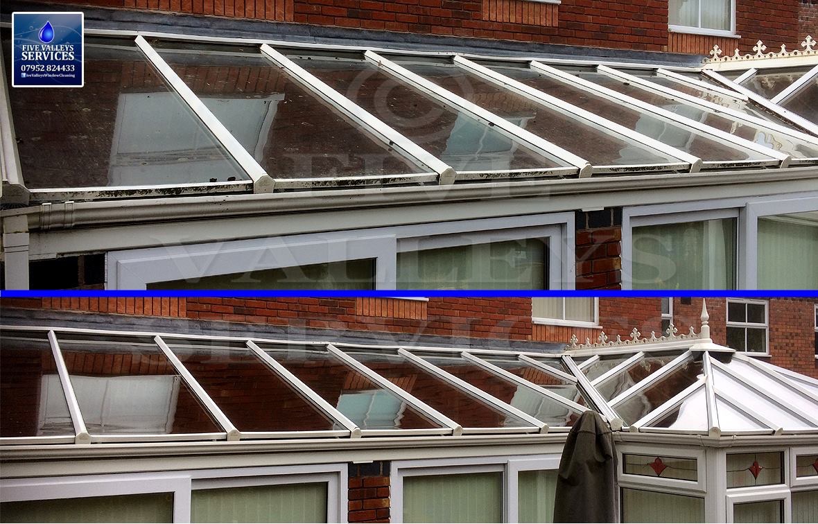 A conservatory roof before and after cleaning