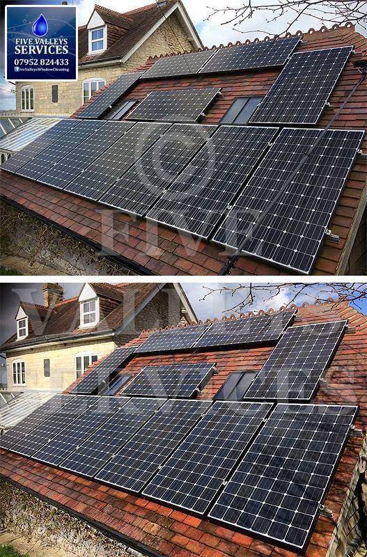 Solar panels on a tiled roof, before and after cleaning