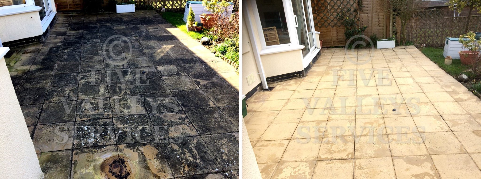 A patio pressure-washed, before and after