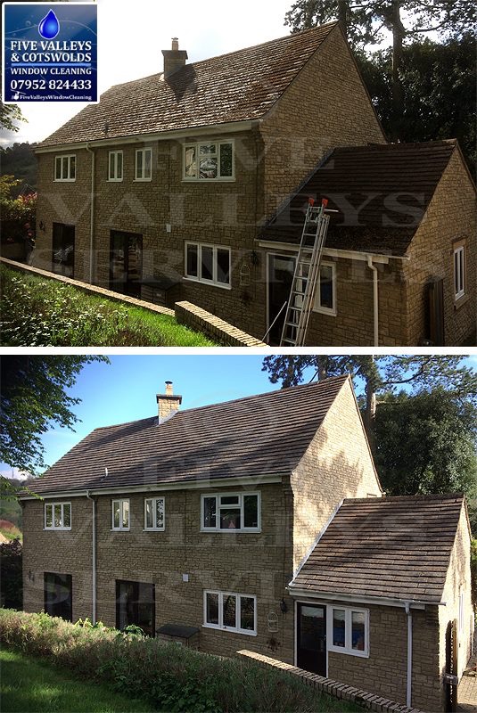 A stone house roof before and after moss removal