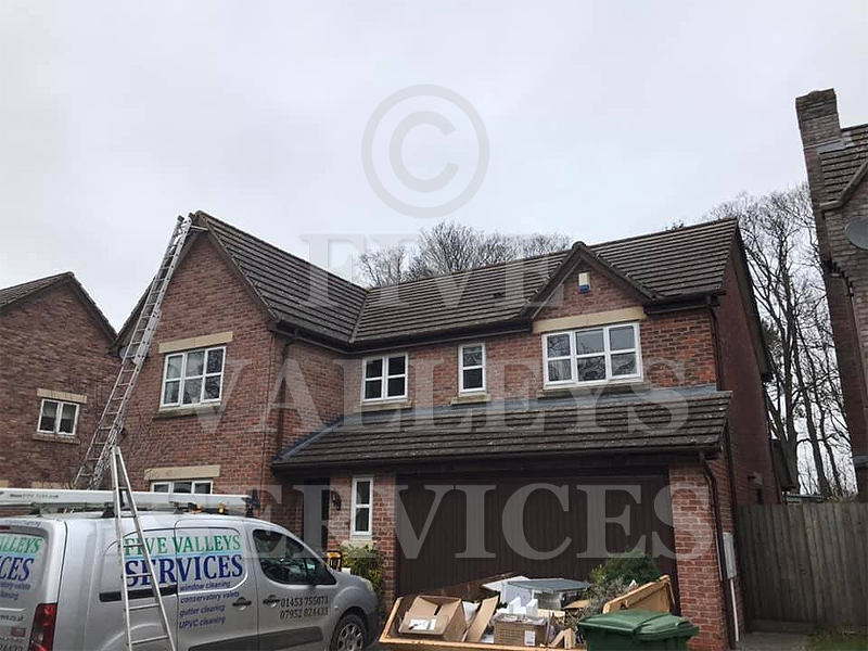 Ladders up to a roof with our van on the drive