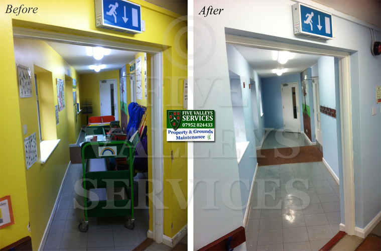 A school corridor before and after cleaning
